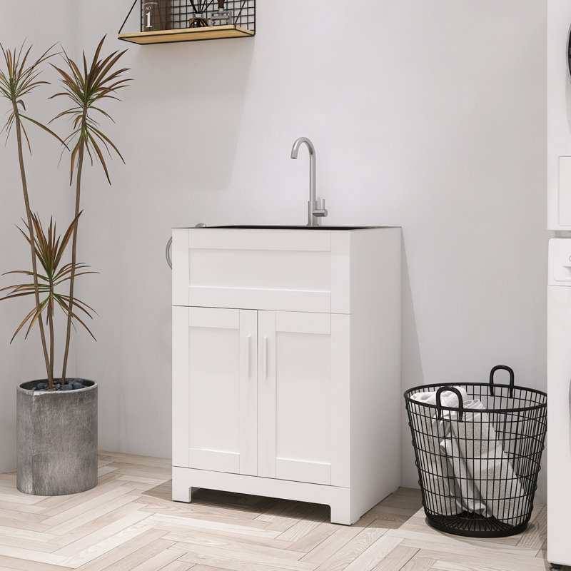 Armoire de buanderie autoportante moderne de 24 pouces avec évier et robinet en acier inoxydable, tête de drain, Blanc