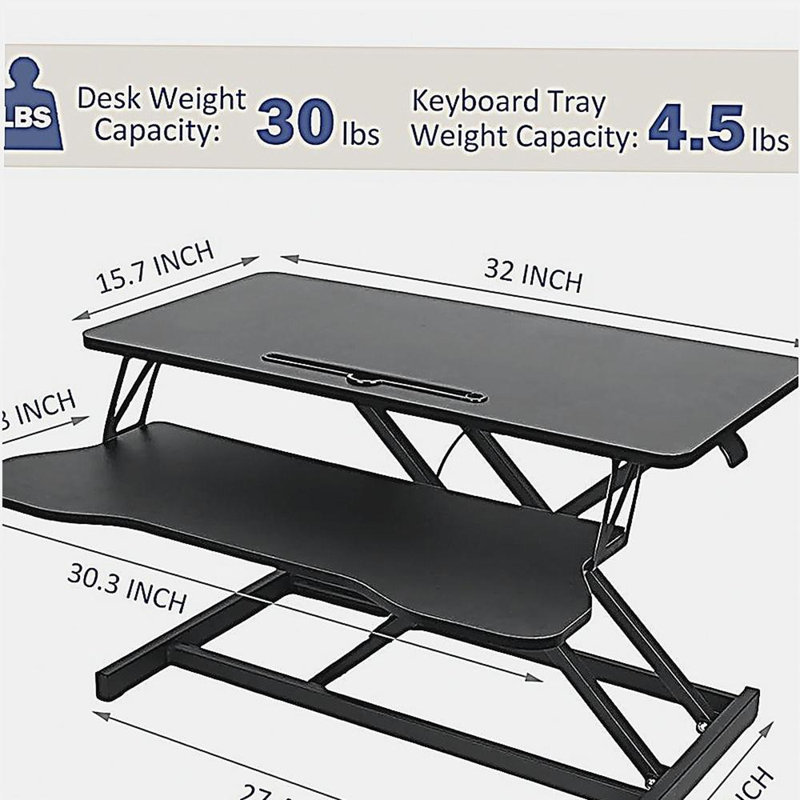 32-inch desk lift with adjustable height, dual monitor and laptop workstation, with wide keyboard tray, Black