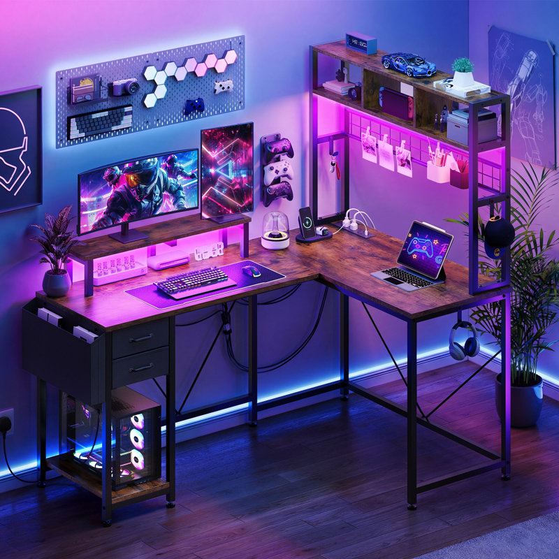 Metal Base Computer Desk with Power Outlet, Brown