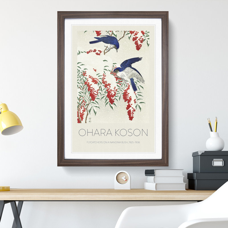 Birds on a Nandina Bush by Ohara Koson - Picture Frame Art Prints, 36cm H x 27cm W x 2cm D, Walnut