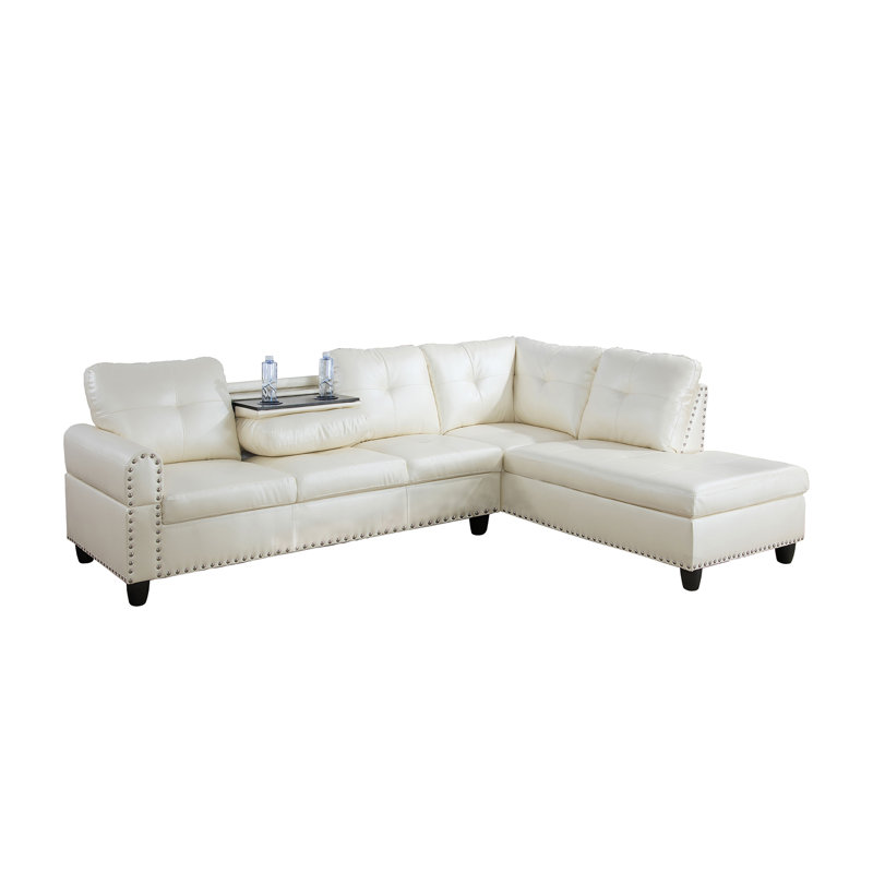 Morgynn Faux Leather L-Shaped Sectional, Cream Faux Leather, Right Hand Facing