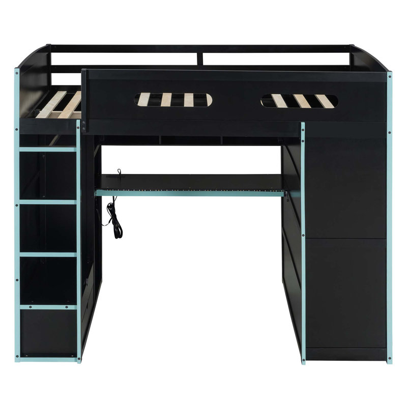 Lit mezzanine double en bois avec bureau, garde-robe, grand espace de rangement et lumière DEL RVB, Bleu