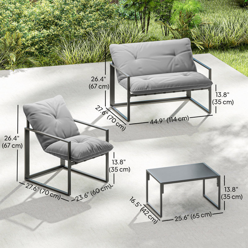 Ensemble de meubles de patio 4 pièces avec table en verre trempé gris clair