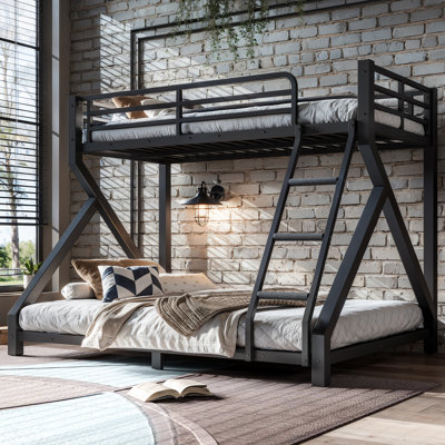 Twin Over Full Bunk Bed Frame with Noise Reduced Design, Low Profile Bunk Bed with Ladder and Fence, Heavy Buty Bunk Beds for Adults, Teens