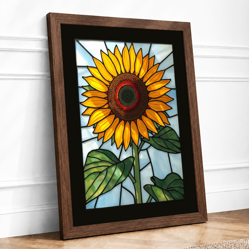 Stained Glass Sunflower Botanical - Print, A2 - 59.4 x 42.0 cm, Walnut