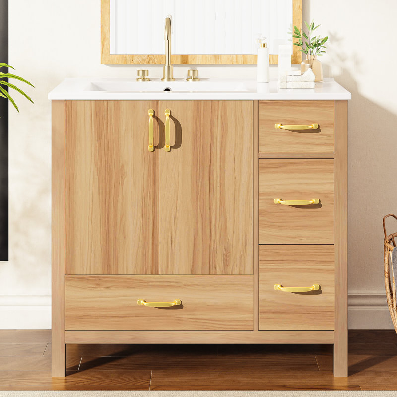 Armoire de meuble-lavabo 36 po avec assemblage facile, portes à fermeture douce et poignées dorées pour une installation rapide Cadre en bois massif de 36 po, lavabo en céramique, trou de trop-plein, tiroirs silencieux