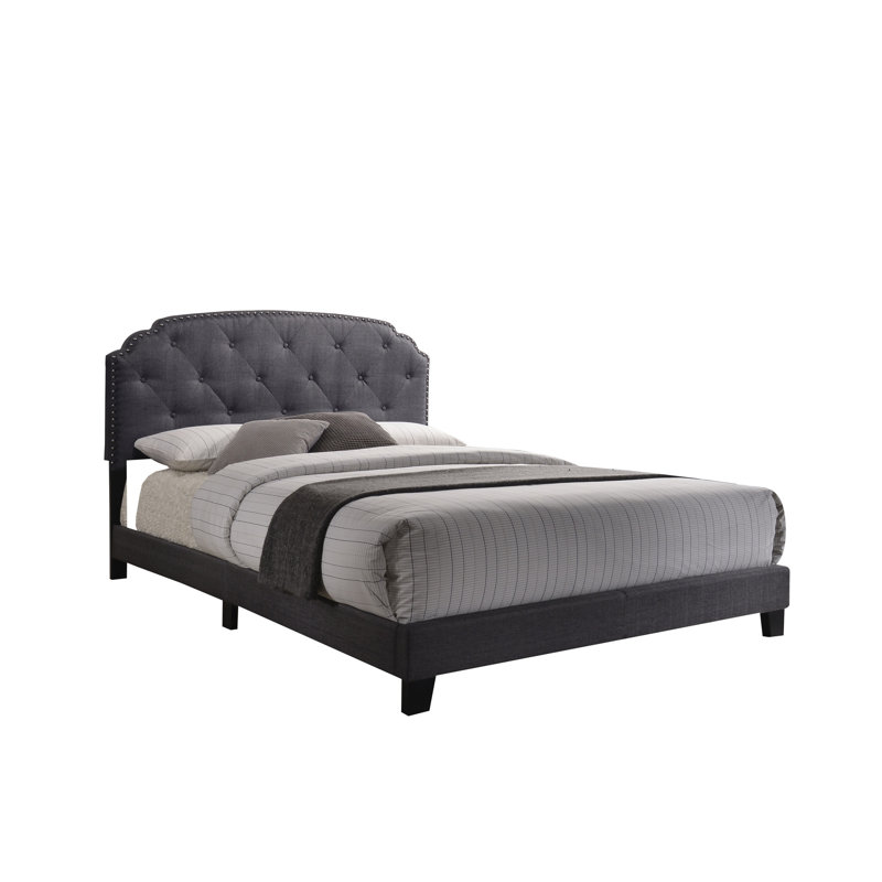 Gray Fabric Queen Bed, Headboard Padding, And Robust Structure Base Design, Strong Stability