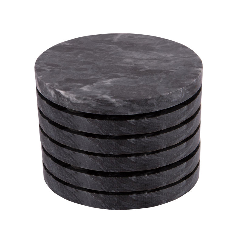Marble Round 6 Piece Coaster Set, Black