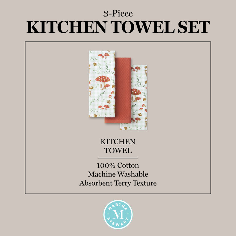 MARTHA STEWART Autumn Harvest Mushroom Plaid Kitchen Towel 3-Pack Set, 100% Cotton with Absorbent Terrycloth, Decorative Kitchen Towels, Burnt Orange/Green/White, 16"x28"