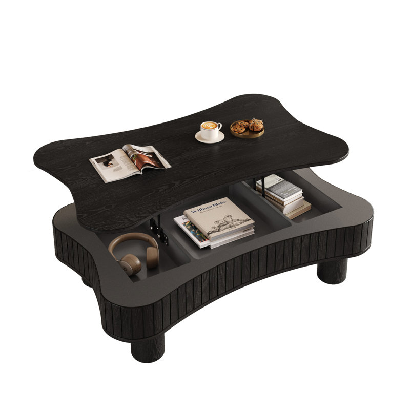 Table basse à plateau relevable de 42 po pour la zone de vie principale, rangement dissimulé à panneau cannelé, réglage hydraulique de la hauteur, coins arrondis, fonction en noir avec fonction silencieuse, 3 espaces de rangement, courbé