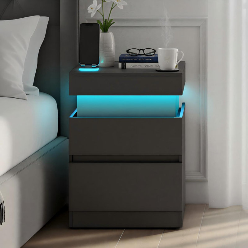  19" W Nightstand With Power Outlets, Sliding Lid, Led Lights, 2 Drawers, Black