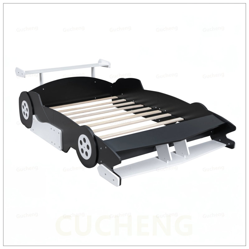 Full Size Race Car-Shaped Platform Bed with Wheels, Durable and Stylish for Kids and Teens, Black