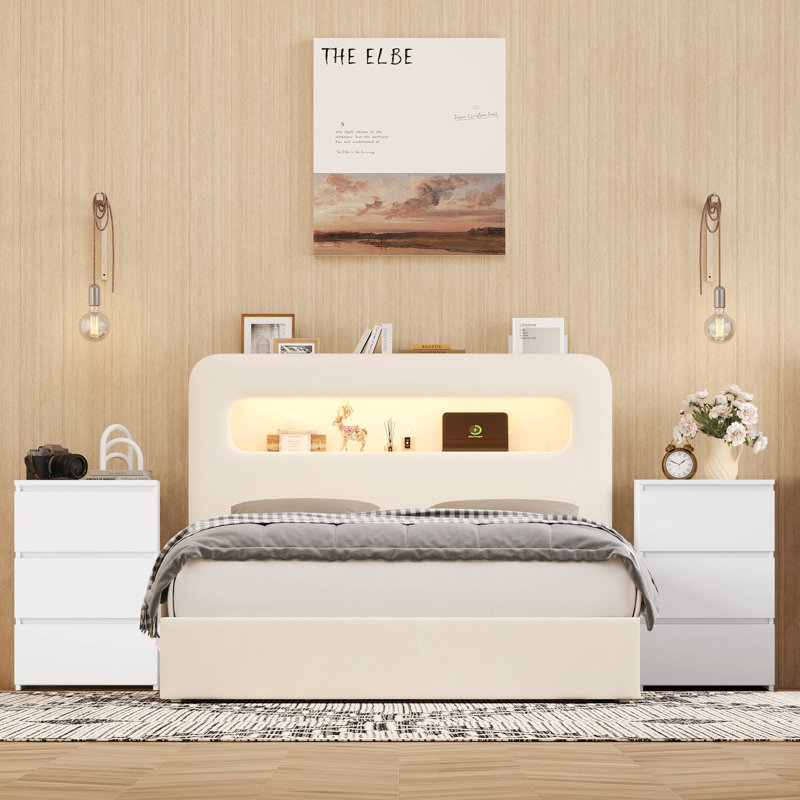 Upholstered 3-Piece Storage Bedroom Set, Queen, White