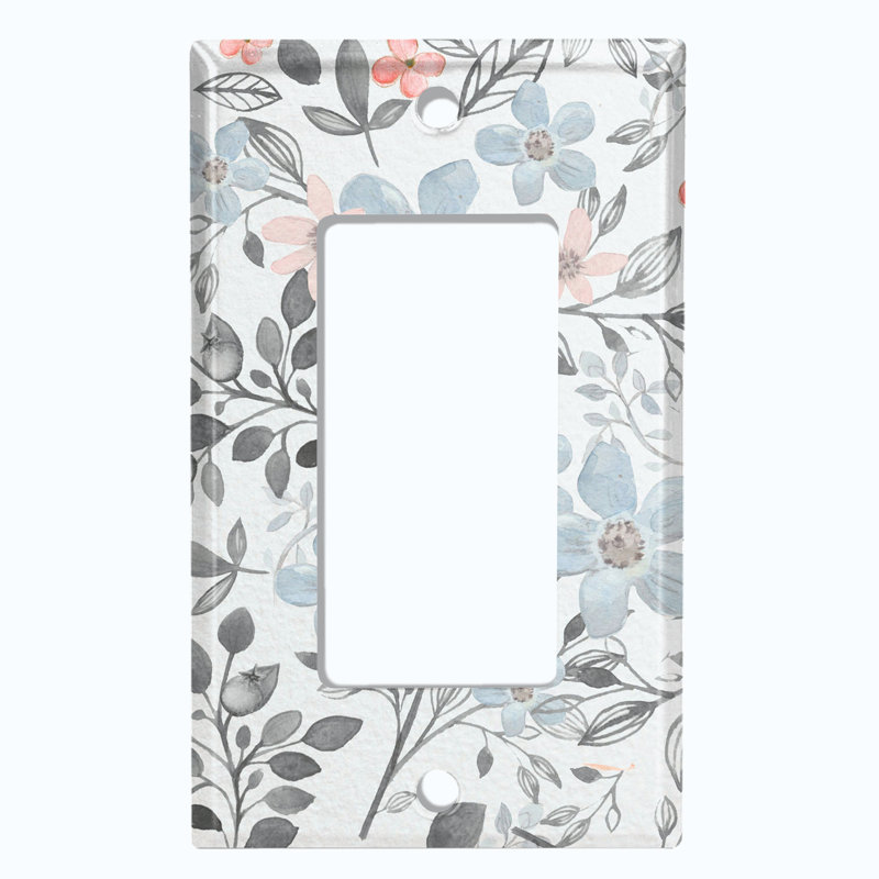 Metal Light Switch Plate Outlet Cover (Blue Flowers Pink Leaves Grey - Single Toggle)