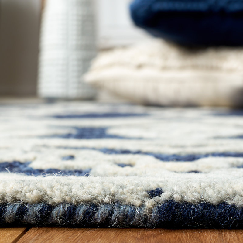 Ivory and Navy Tufted Wool Abstract Square Rug