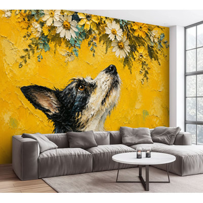 Papier peint adhésif noir et blanc chien blanc regardant vers le haut jaune peinture florale autocollant amovible papier contact mural pour salon chambre à coucher H 100 po x l 144 po