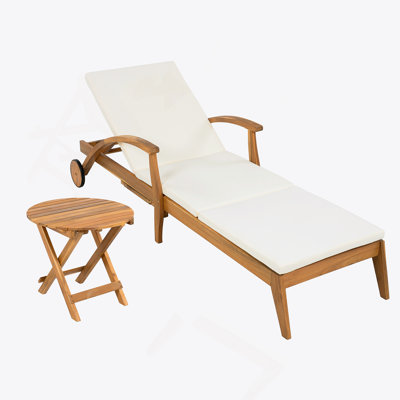 OUTDOOR RECLINER SIDE TABLE SET - COMES WITH 2 INCH CUSHION AND ADJUSTABLE BACKREST CHAISE LOUNGE WITH WHEEL & FOLDABLE AND ADJUSTABLE ACACIA WOOD SIDE TABLE FOR POOLSIDE PORCH