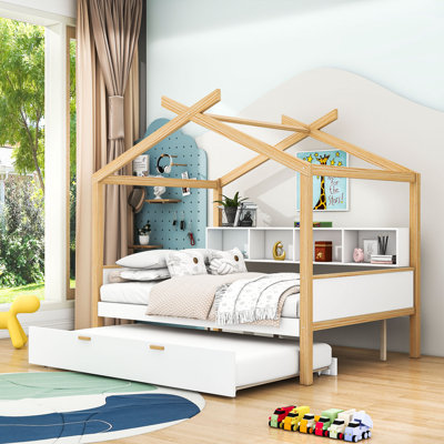 Abelardo Full Size Wooden House Bed with Twin Size Trundle and Shelves