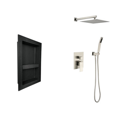 Brushed Nickel Shower Assembly With Head, Hand Shower, Hose, Valve Trim, Lever Handles And Niche. . Generates Natural Showering. Self-Cleaning Nozzle. Agrees American Standard Pipe Connections System