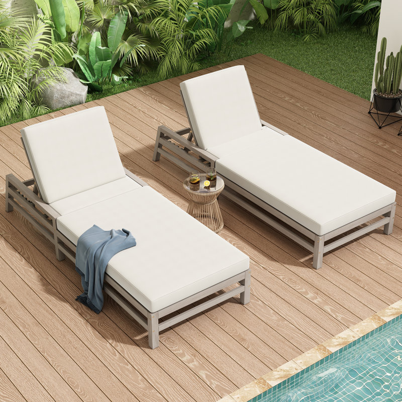 5-Position Adjustable Outdoor Chaise Lounge Set of 2, Solid Wood Patio Recliner Chair with Thick Cushions, Weather-Resistant for Pool, Balcony & Garden (Gray)