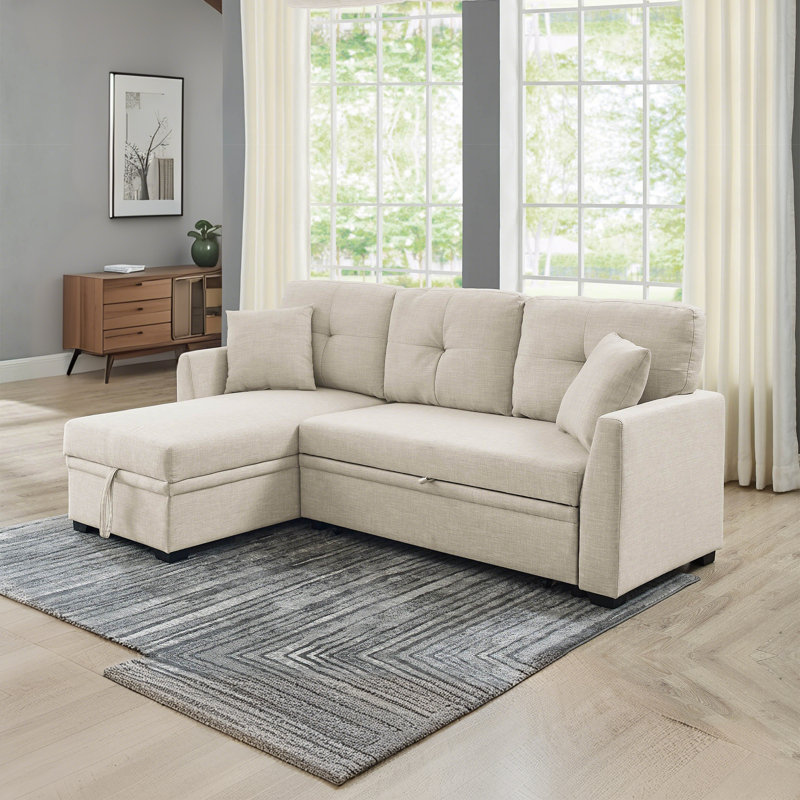 Canapé-lit modulaire moderne en L escamotable avec méridienne de rangement, Beige, H 35 po x l 85 po x P 54 po