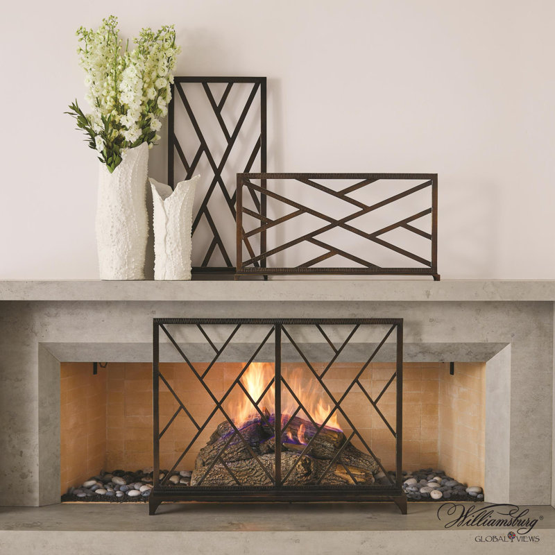 Chinoise Fret Fireplace Screen, Bronze
