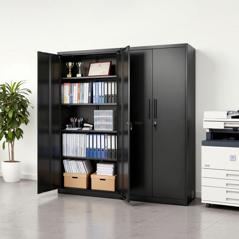 Metal Storage Cabinet, 175 cm Lockable Steel Garage Cabinet with 4 Adjustable Shelves, 2 Magnetic Doors, 2 Keys, 5 Tiers Tool Storage for Pantry, Warehouse, Basement, Laundry, Office, Black