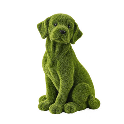Whimsical Flocked Dog Garden Statue Sitting Puppy Sculpture, Outdoor Weather-Resistant Resin Lawn Ornament for Patio Backyard Flower Bed Landscape Decoration, Cute Animal Figurine Gift for Garden Enthusiasts and Pet Lovers with Stable Base