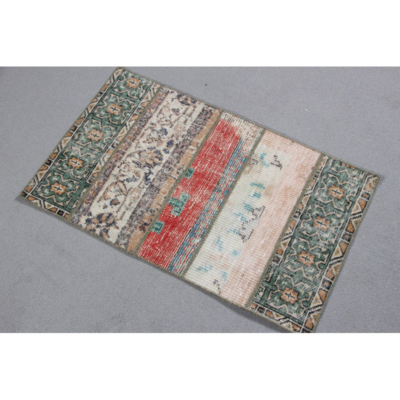 Bohemian Style Vintage Turkish Patchwork Door Mat in Unique Pattern Handwoven with Green Red and Wool