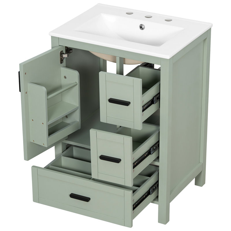 Meuble-lavabo moderne avec lavabo en céramique, porte à fermeture douce, tablette de porte double couche et 3 tiroirs, Vert