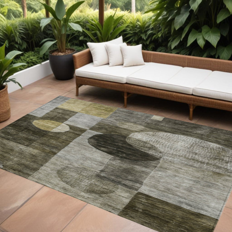 Tapis extérieur lavable à motif géométrique taupe et gris anthracite 10 pi x 14 pi