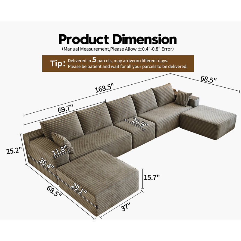 Canapé modulaire de 168,5 po, très grand canapé minimaliste en forme de U avec 1 siège central et 2 méridiennes, canapé-lit moderne à assise profonde, tissu en velours côtelé moelleux Cloud, 7 places