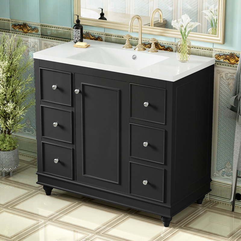 Meuble-lavabo simple 33,87 po avec plateau en résine Saiden, Noir, noir, noir, noir