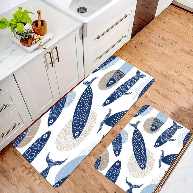Navy Blue Fish Pattern, Kitchen Mats Set Of 2, Navy Animal Print
