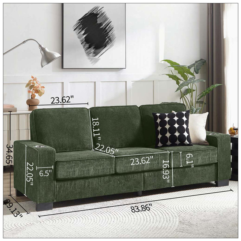Canapé en velours côtelé 83,86 po, canapé moderne compressé, Vert
