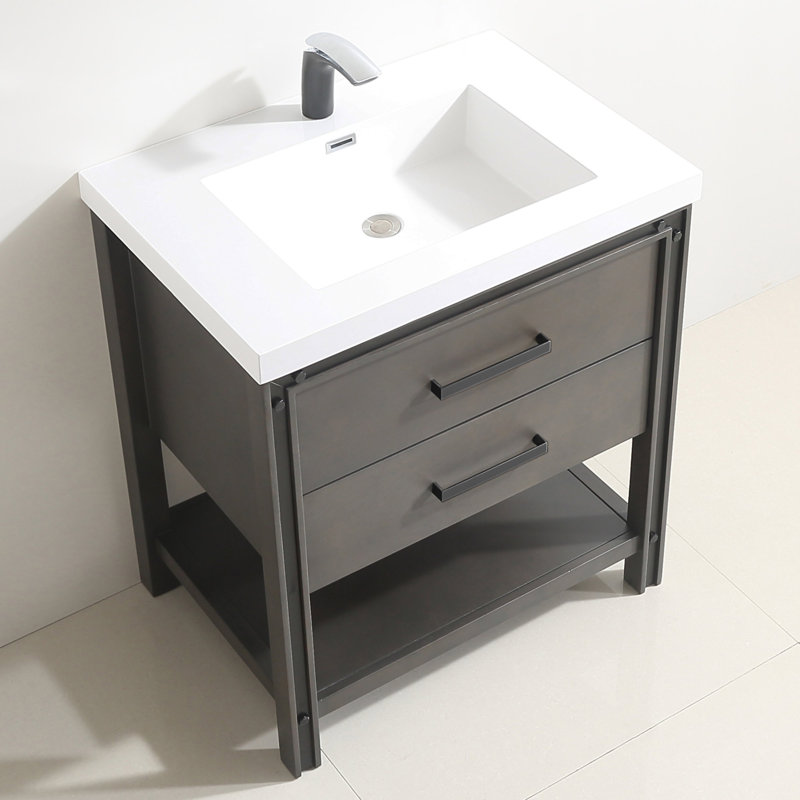 Vaishnavi 31 " W Freestanding Standard Free Standing Single Double Single Vanity Bathroom Vanity With Resin Top, Smoky Oak