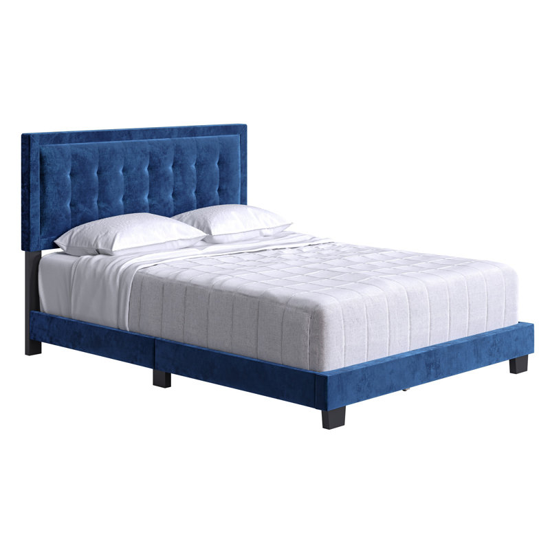 Sapphire Blue Velvet Full Platform Bed with Tufted Headboard