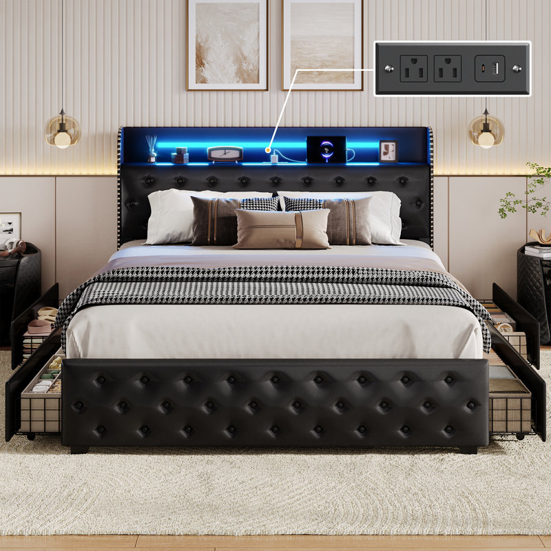 Black 4-Drawer Bed Frame with Lights，Queen Size