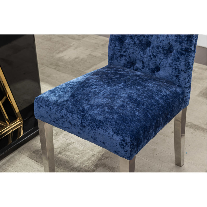 Chenille bleue revêtue de 2 chaises de salle à manger avec un design ergonomique et des pieds réglables de style rectangulaire avec revêtement en acier