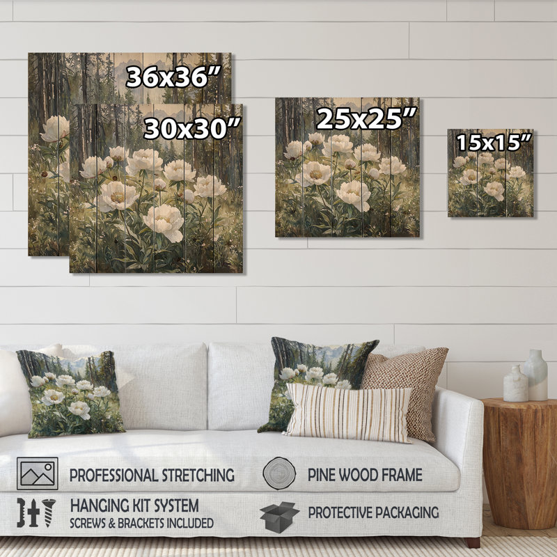 Pivoines dans la forêt alpine I - Art mural en bois pivoines - sur bois de pin naturel, H 25 po x l 25 po x P 0,78 po