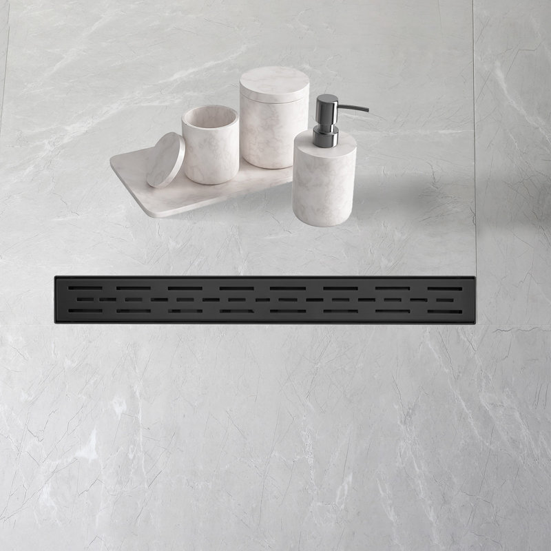 Matte Black Stainless Steel Rectangle Shower Floor Drain,24-Inch Linear Drain With Leveling Feet,Hair Strainer,Removable Bar Pattern Grate