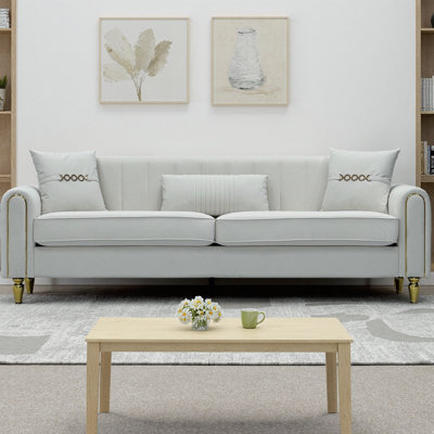 Canapé 87,4 po à 3 places avec siège à ressorts ensachés, mousse haute résilience, coussins décoratifs et pieds robustes en métal, canapé à dossier rond capitonné à accoudoirs modernes