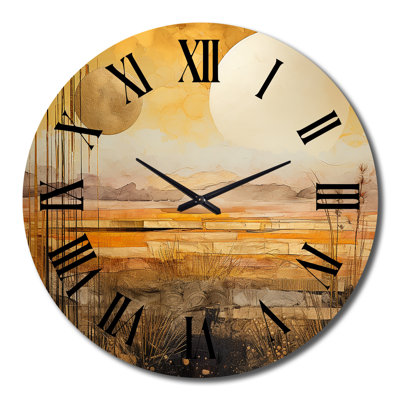 Golden Sunset Cottage Countryside Landscape II Metal Wall Clock