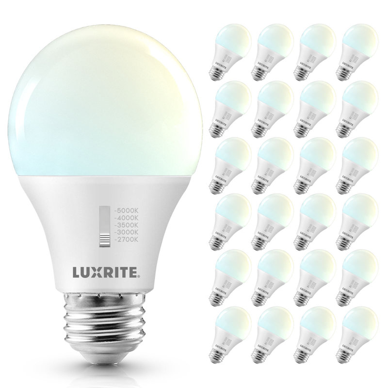 Luxrite A19 LED Light Bulb bb CRI90, 5CCT Selectable 2700K-5000K, Dimmable,  Standard LED Light Bulbs, E26 Title CA20, ETL Listed 24 Pack