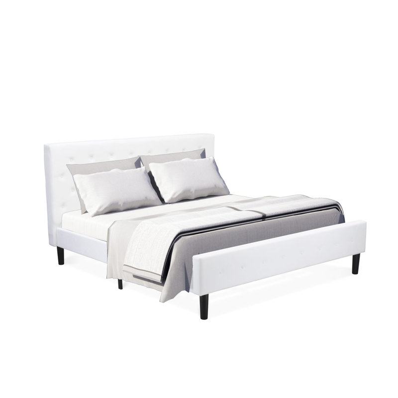 Nolan Platform Bed - Button Tufted Linen White Velvet Fabric Upholstered Headboard & Footboard, Black Legs, King Size, White