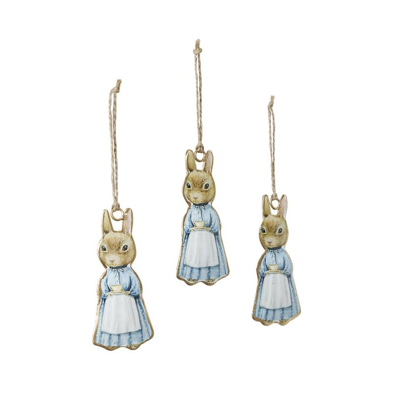 Bunny Hop Metal Apron Rabbit Ornament Set of 3 4x2