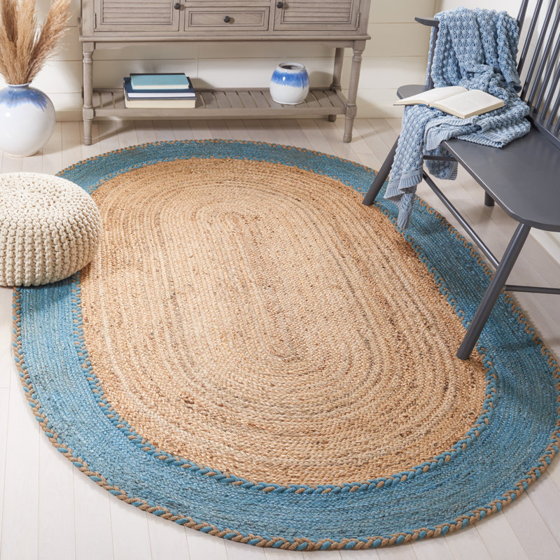Trogdon Natural Fiber Hand Loomed Jute/Cotton Rug in Blue/Brown, Oval 7' x 9'