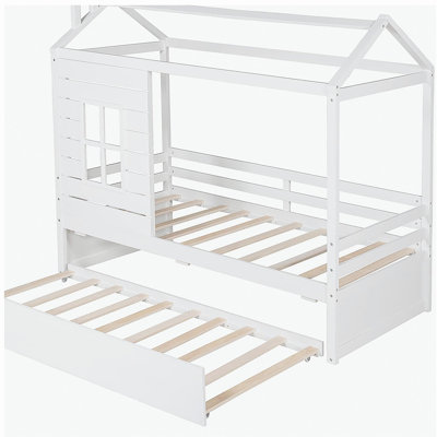 Lit double en bois avec tiroir double (blanc)