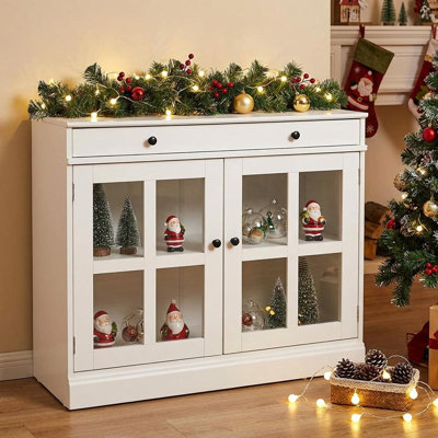 35.4 Inch Kitchen Storage Cabinet, 2 Glass Door Buffet Sideboard with a Large Storage Drawer, Modern Coffee Bar Cabinet with Adjustable Shelf for Dining Room, Kitchen, Entryway