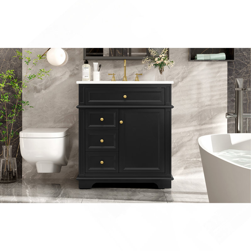 Meuble-lavabo de 30 po avec lavabo, un tiroir basculant, trois tiroirs, tablette de porte, porte à fermeture douce, noir
